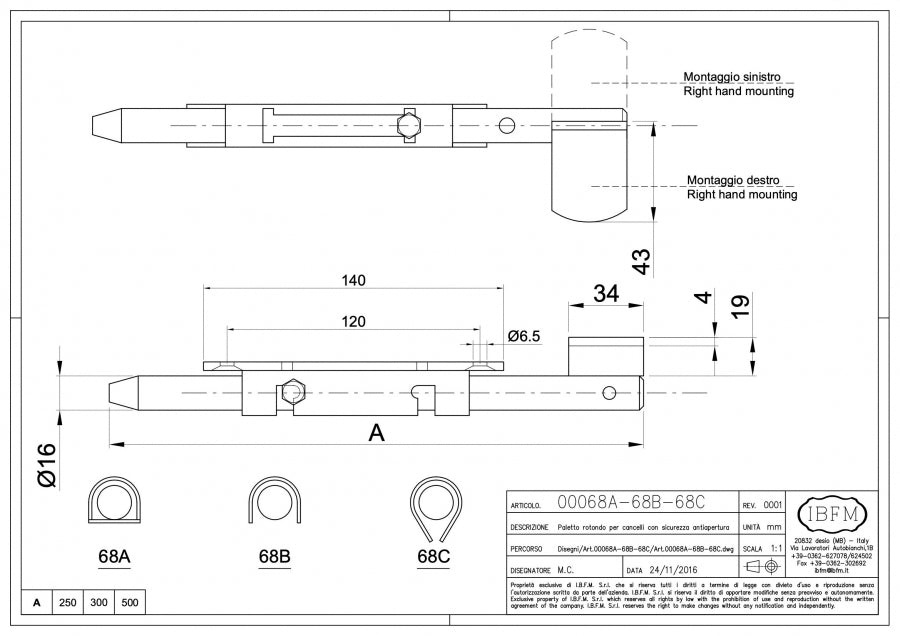 IBFM Art. 68/A-68/B-68/C Paletto Rotondo di Sicurezza per Cancelli a Battente