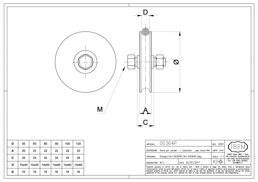 IBFM Art. 364/P Ruota per Cancelli - 1 Cuscinetto a Sfera - Gola Tonda Ø 16