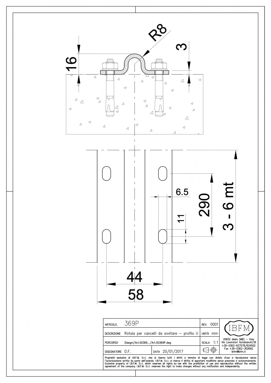 IBFM Art. 369/P Rotaia per Cancelli da Avvitare con tondo 16 mm