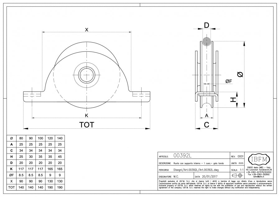 IBFM Art. 392/L Ruota con Supporto Interno - 1 Cuscinetto - Gola Tonda Ø 20