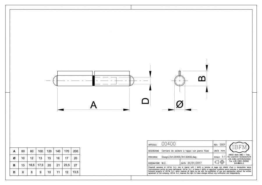 IBFM Art. 400 Cerniera a Tappo da Saldare