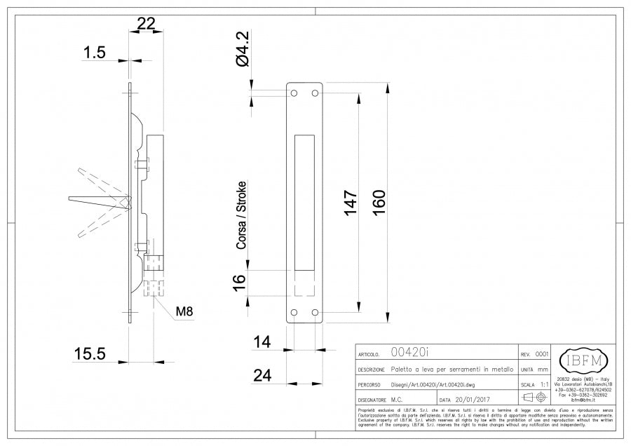 Art. 420/I Paletto a Leva in Inox 24mm