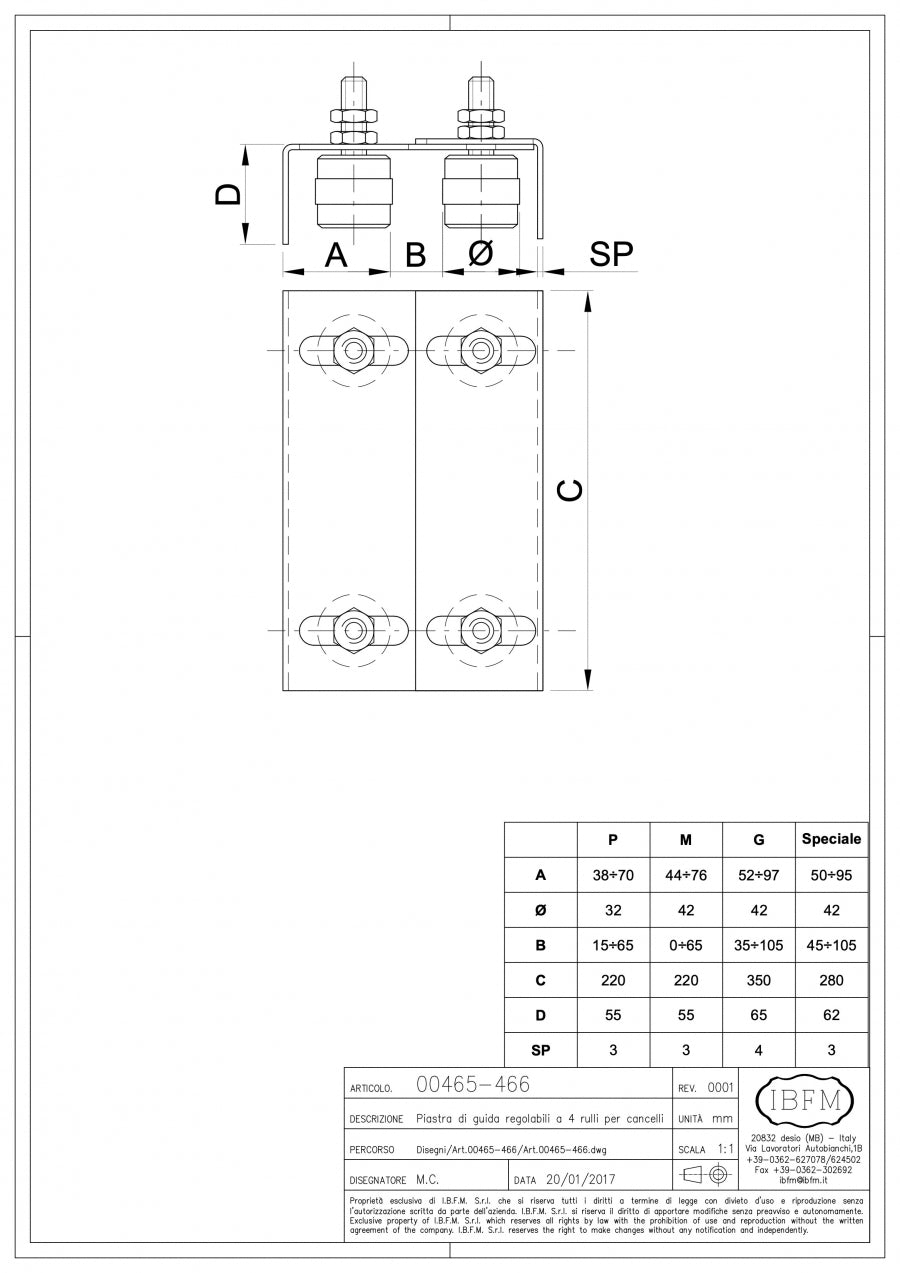 IBFM Art. 465-466 Piastre di Guida Regolabili a 4 Rulli