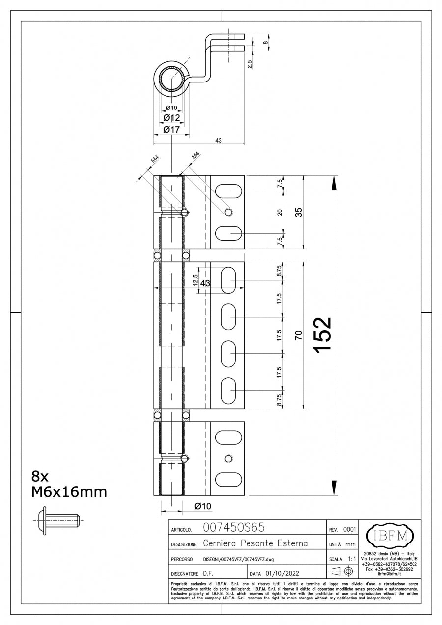 IBFM Art. 745/0S2 Cerniera Pesante a cuscinetti per profili Secco OS2-65 e OS2-75