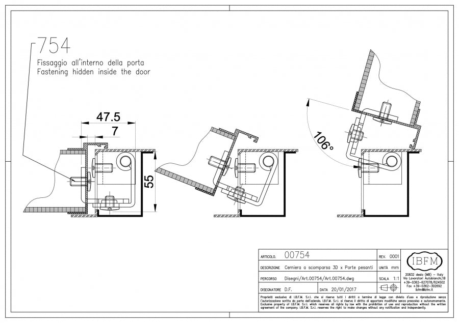 IBFM Art. 754 Cerniera 3D a scomparsa (montaggio interno porta)