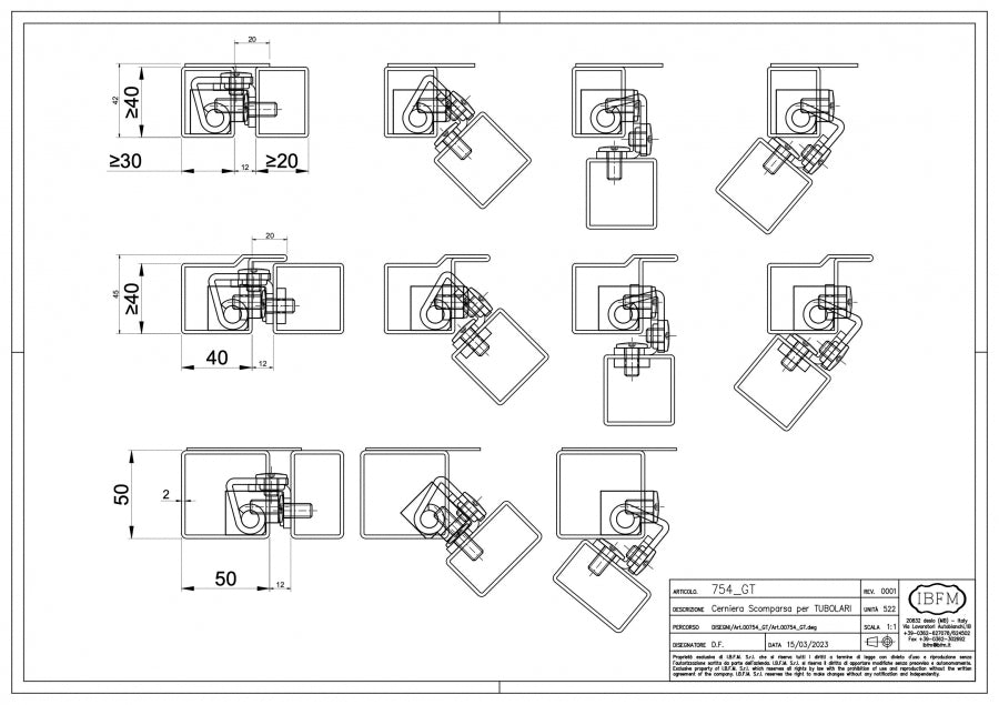 IBFM Art. 754/GT Cerniera 3D a Scomparsa per Cancelli, Profili Tubolari (Installazione con Contropiastra)