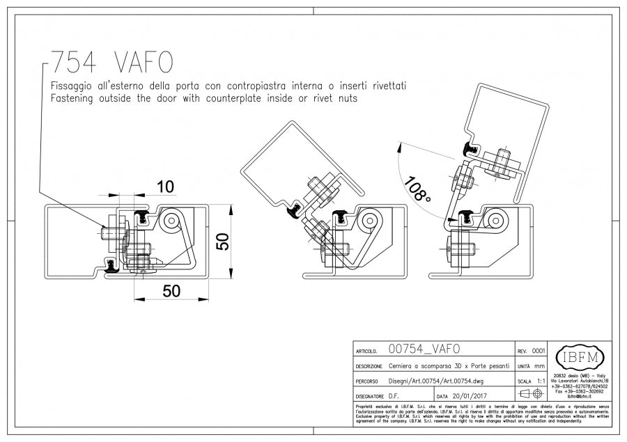 IBFM Art. 754/VAFO7035 Cerniera a Scomparsa 3D per profili Forster, Voestalpine, Palladio